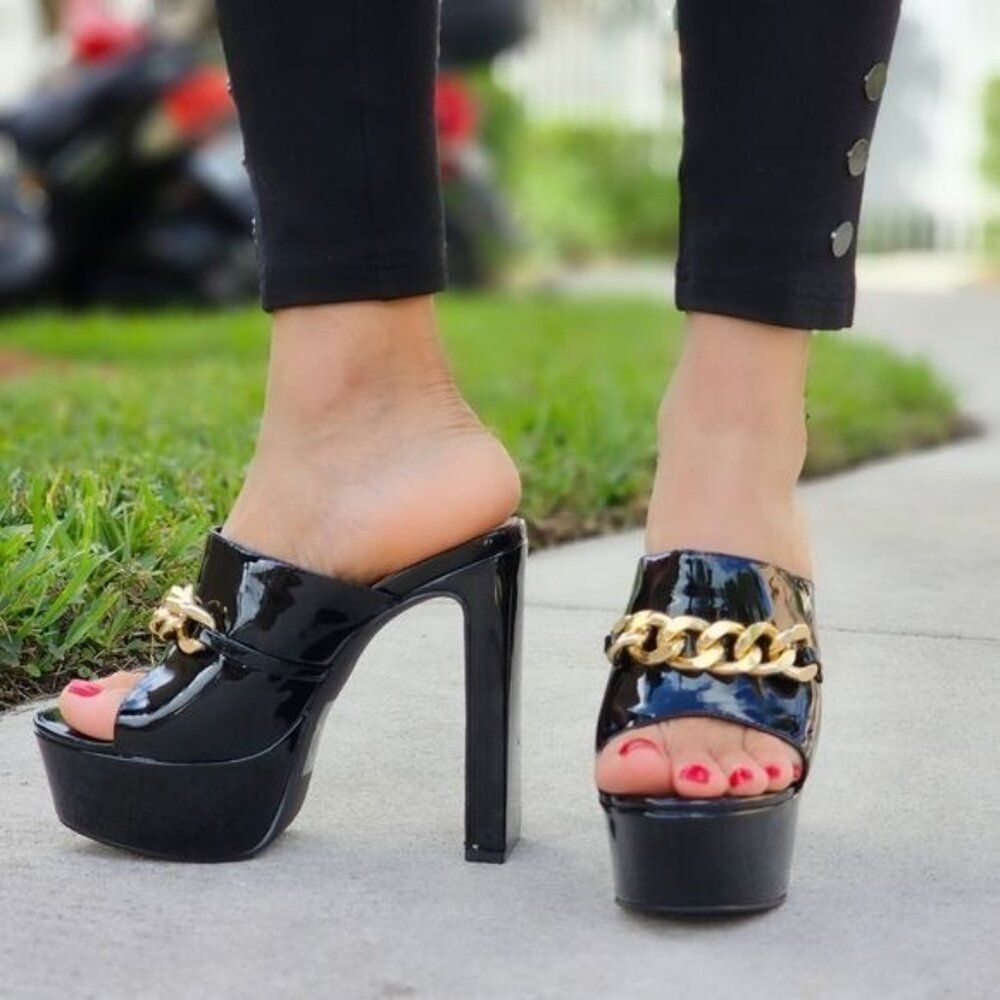 Black Patent Platform Heeled Mule Open Loafers for Women Gold Chain Slip On